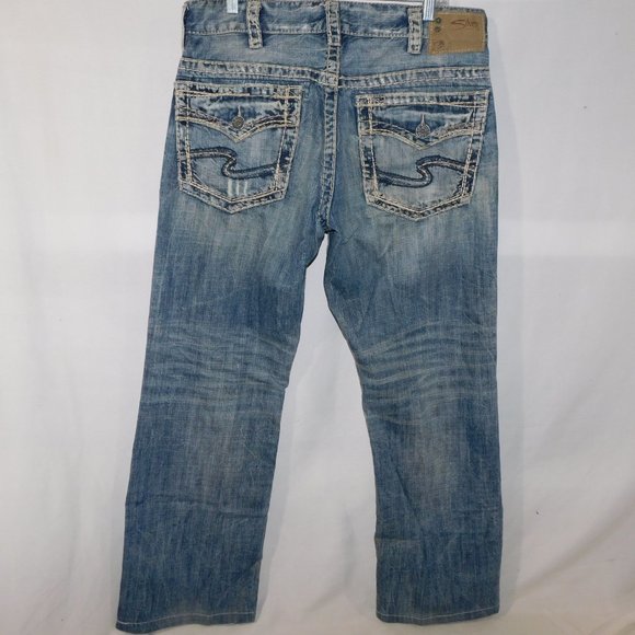 Silver Mens 34 / 32 Flap Jeans Blue Loose Fit Straight Leg Distressed - Picture 11 of 15